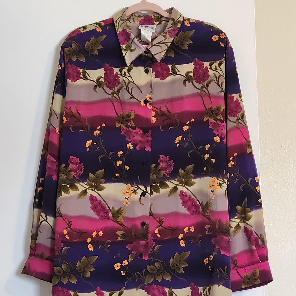 BonWorth Floral Beaded Button-Down Shirt in Purple, Hot Pink, Cream, XL - Picture 2 of 11